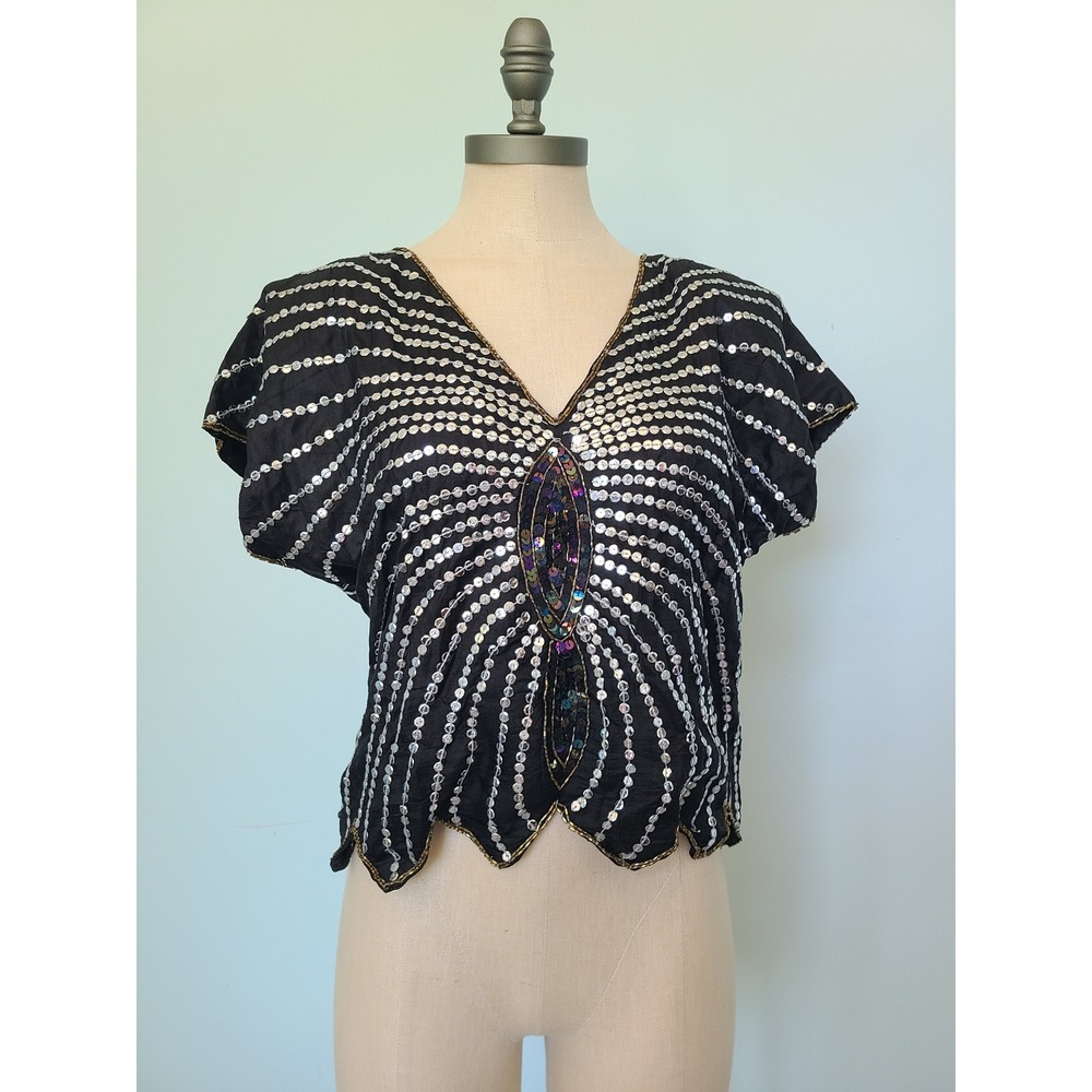 VTG‎ Tina Sz M Butterfly Sequin Top 100% Silk 80s Flutter Sleeve Disco Top